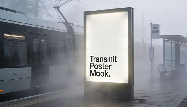 Backlit advertising display illuminating misty tram stop, passing tram and foggy urban transit