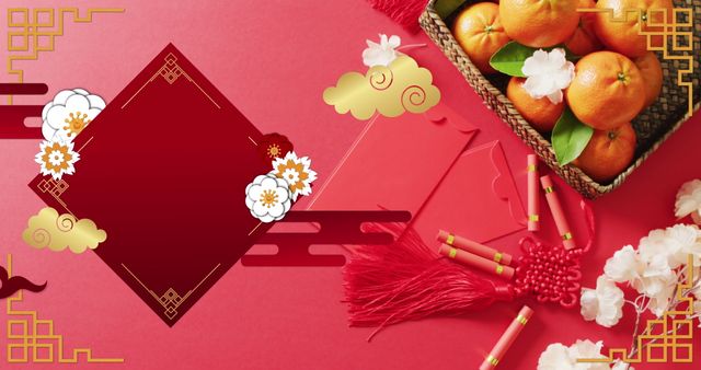 Chinese New Year Festival Red Background with Oranges and Blossoms - Download Free Stock Images Pikwizard.com