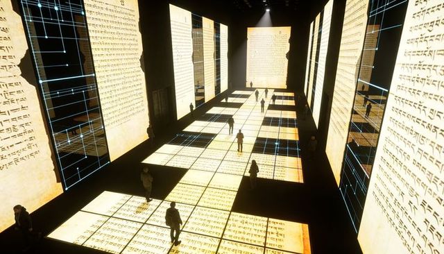 Glowing Manuscript Corridor with Illuminated Floor Panels and Shadowed Visitors, Digital Projections