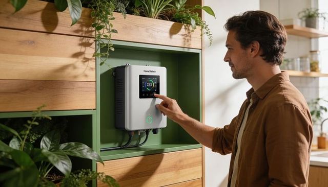 Man checking home battery touchscreen in modern kitchen nook surrounded by plants