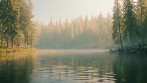 Summer Morning Tranquility Over Idyllic Forest Lake