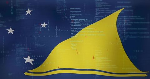 Digital Tokelau Flag Emblem with Code Overlay, Golden Sail and Binary Data Background