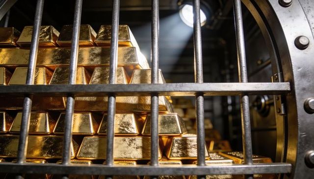 Glinting stacked gold bullion bars inside bank vault with steel bars and dramatic spotlight