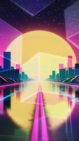 Materializing Prisms Over Glowing Sun, Neon Cyberpunk Skyline Loopable Vertical Video