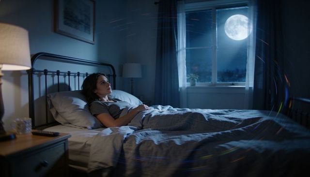 Woman lying awake in bed gazing at full moon through window, nocturnal contemplative