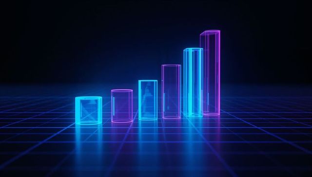 Futuristic neon bar chart in digital grid space