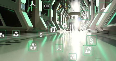 Walking business team in futuristic corridor with green energy and sustainable holograms