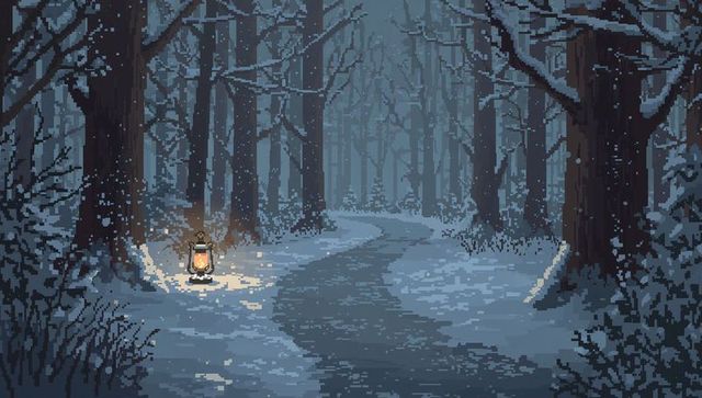 Glowing lantern casting warm amber light on snowy winding path in pixel art forest