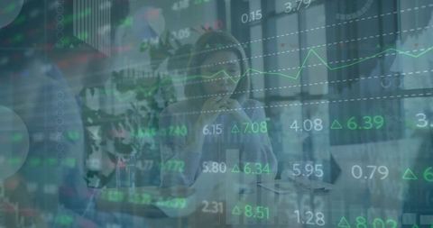 Thinking Asian woman listening in boardroom with laptop analyzing market charts overlay