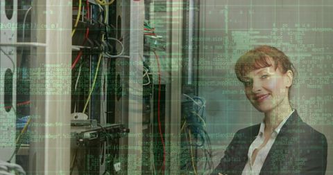 Caucasian Female Technician in Modern Server Room with Digital Overlay - Download Free Stock Images Pikwizard.com