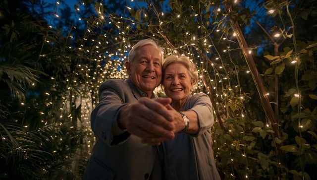 Senior couple reaching hands under twinkling string lights in garden arbor at dusk
