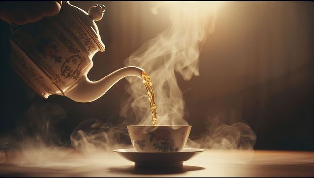 This depiction captures a tranquil moment with a vintage teapot elegantly pouring steaming tea into a delicate floral teacup atop a rustic wooden table. The warm, atmospheric lighting contributes to a feeling of comfort and sophistication, perfect for illustrating concepts of relaxation, hospitality, traditional afternoon tea practices, or vintage home decor. Ideal for usage in blog posts about tea culture, home interior inspiration, or creative digital art collections.