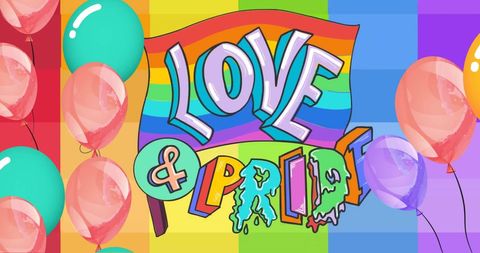 Love and Pride Text Over Rainbow Flag with Vibrant Balloons