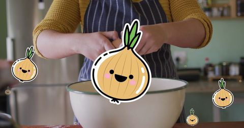Overlay of Cartoon Onions with Woman Preparing Ingredients