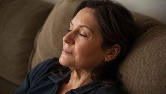 Serene middle-aged woman resting with eyes closed on couch, closeup profile portrait