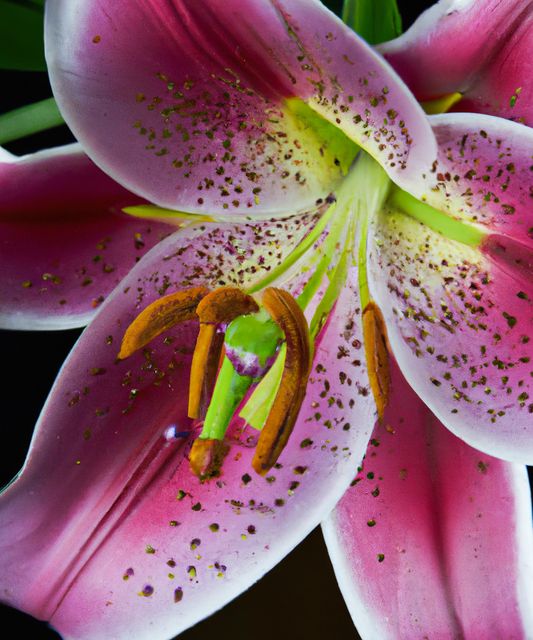 Close-up view of a vibrant pink lily flower in full bloom, showcasing the intricate details of its petals, stamen, and pollen. Excellent for use in botanical studies, gardening websites, floral designs, and nature-themed projects.