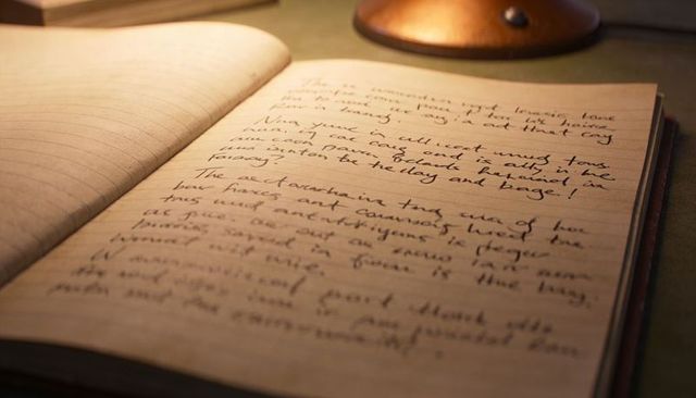 Open vintage notebook showing dense cursive handwriting under warm desk lamp glow cozy
