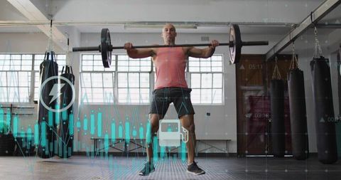 Man Lifting Barbell in Industrial Gym with Fitness Data Overlay and Strength Training