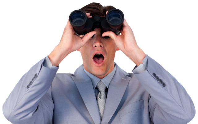 Transparent Surprised Businessman Holding Binoculars with Open Mouth - Download Free Stock Videos Pikwizard.com