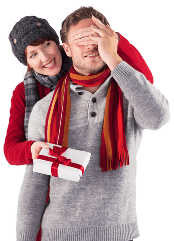 Smiling Woman Surprises Man Gift Red Scarf Against Transparent Background