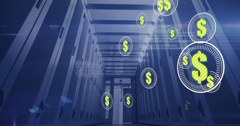Digital Currency Concept with Floating Dollar Symbols in Server Room - Download Free Stock Images Pikwizard.com