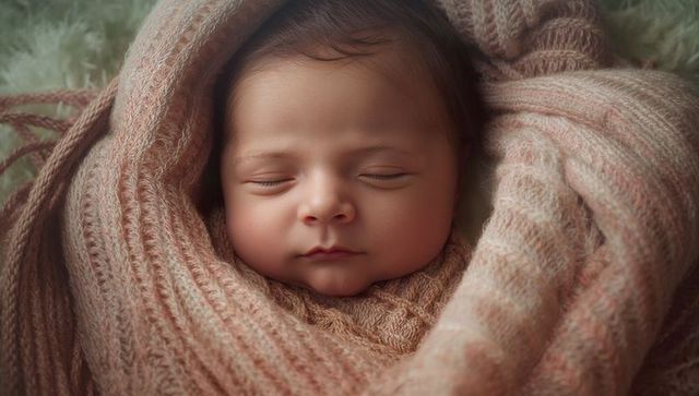 Peaceful sleeping newborn baby wrapped in cozy knit blanket