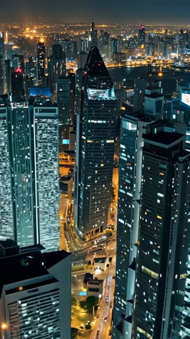 Vertical night skyline panning over illuminated skyscrapers tracing traffic light trails