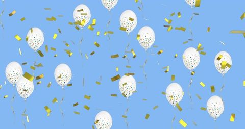 White Balloons with Gold Confetti on Blue Background