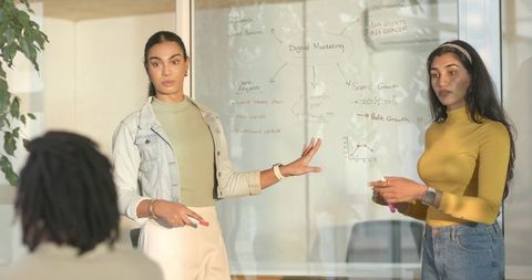 Diverse colleagues presenting marketing strategy on glass board, collaborating in office