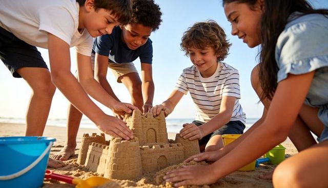Children building sandcastle together on sunny beach, teamwork and summer play