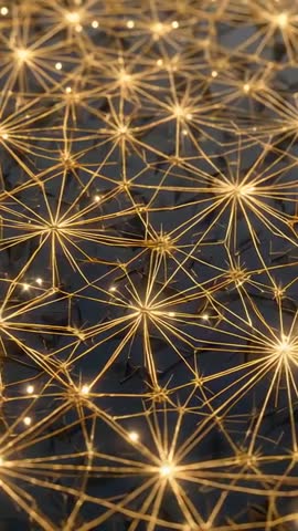 Panning Vertical Video of Glowing Golden Starburst Filament Network on Dark Glossy Base