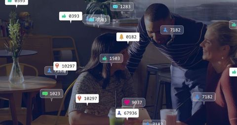 Friends socializing in cafe with overlaid social media analytics icons