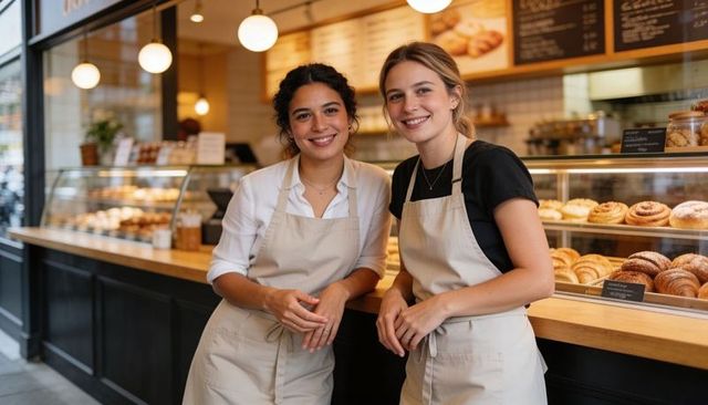 Smiling bakers leaning on counter in cozy bakery displaying fresh croissants and pastries