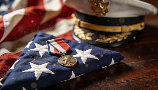 Folded american flag with bronze service medal and naval officer cap on memorial table