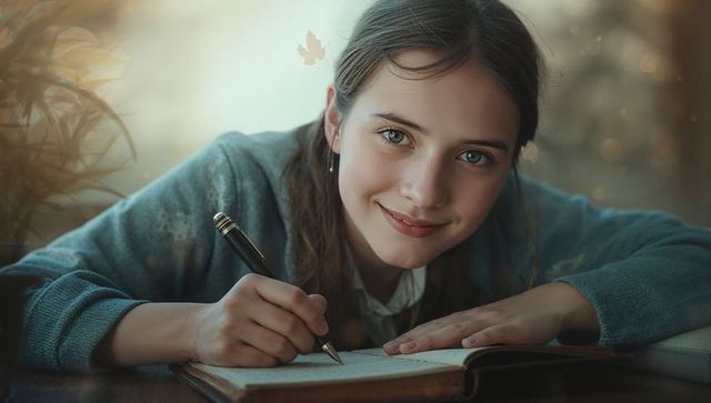 Young Girl Writing in Notebook by Sunshine-Filled Window