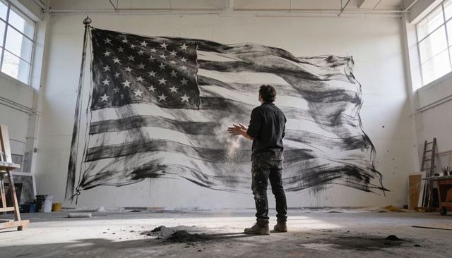 Artist standing before monumental monochrome american flag mural in industrial studio