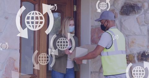 Masked Woman Receiving Package with Digital Global Icons - Download Free Stock Images Pikwizard.com
