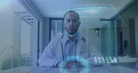 Asian physician conducting telemedicine consultation with holographic interface on patio