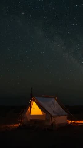 Vertical timelapse showing canvas tent glowing under Milky Way on desert plain at night