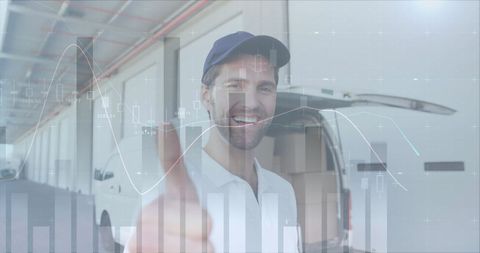 Smiling Delivery Man with Van and Financial Graph Overlay
