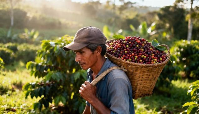 Carrying woven basket of ripe coffee cherries on back, walking through sunlit plantation