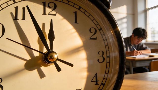 Alarm clock casting long sun shadows in classroom, student writing at desk