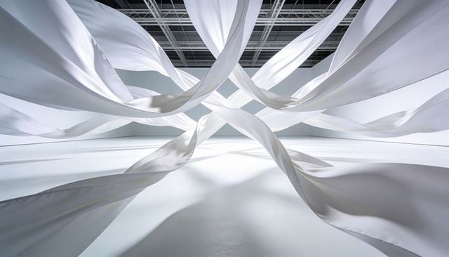 Flowing white fabric ribbons twisting from ceiling in minimal gallery installation