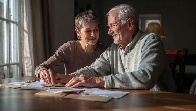 Senior couple sorting mail and reviewing bills at sunlit home table, smiling together