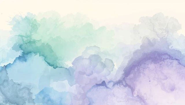 Soft pastel watercolor washes with turquoise and lavender pigment blooms, abstract backdrop