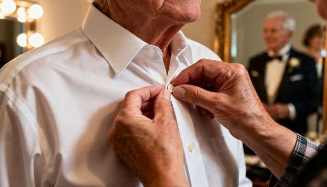 Senior man preparing for wedding buttoning white dress shirt, helper fastening collar and boutonnier