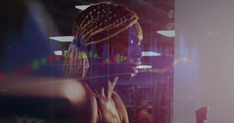 Dynamic double exposure of woman with braids training in gym with candlestick chart overlay for fitn