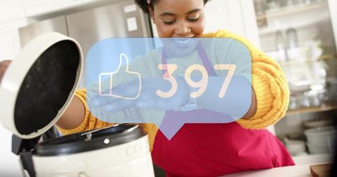 Home chef creating viral cooking content lifting rice cooker lid with 397 likes overlay