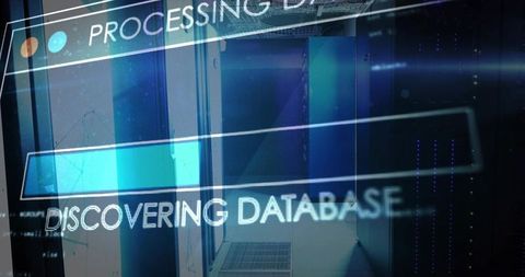 Futuristic data center HUD showing discovering database progress with open server rack