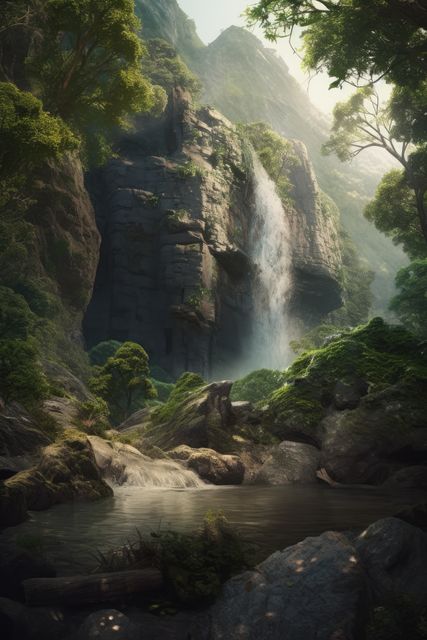 Fantasy landscape with waterfalls, forest and mountains created using generative ai technology - Download Free Stock Photos Pikwizard.com